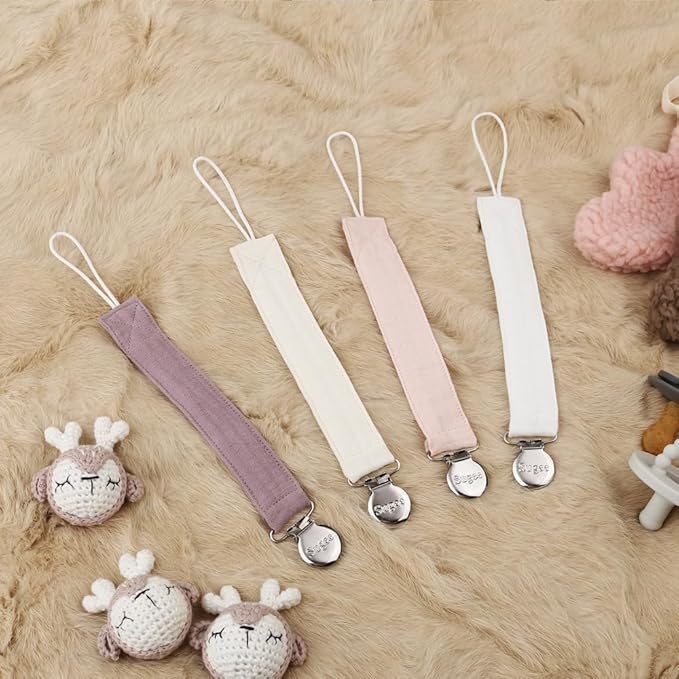 Pacifier Clip for Baby Boy and Girl - Linen Soft Fabric Pacifier Hold with Clip for Binky, Leash Soothie Holder Unisex 4 Pack (Pink）
