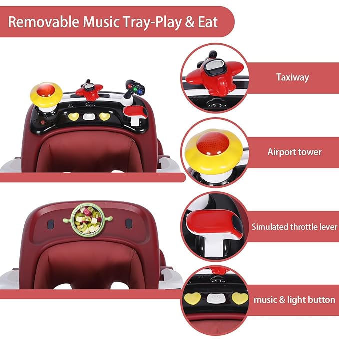 Kinder King Baby Walker with Music & Lights, 5 in 1 Baby Bouncer Activity Walker, Adjustable Height & Seat, Learning-Seated & Toddler Walk-Behind, Safety Bumper, Infant Walker Anti-Rollover, Red
