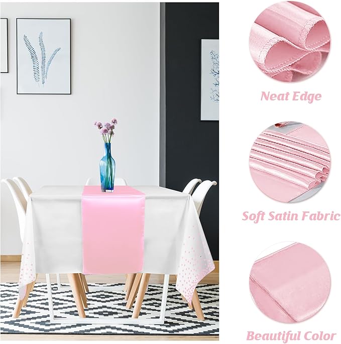 8Pack Disposable Plastic Tablecloths and Satin Table Runner Set White Pink Dot Table Cloth Gold Satin Table Runner for Graduation Wedding Birthday Baby Shower Anniversary Holiday Party Decorations