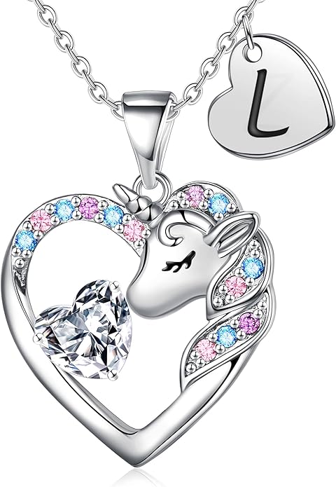 Unicorn Necklace Gifts for Girls Kids - Colorful CZ Heart Initial Necklaces Unicorn Necklace for Girls Jewelry Birthday Gifts for Little Girl Kids