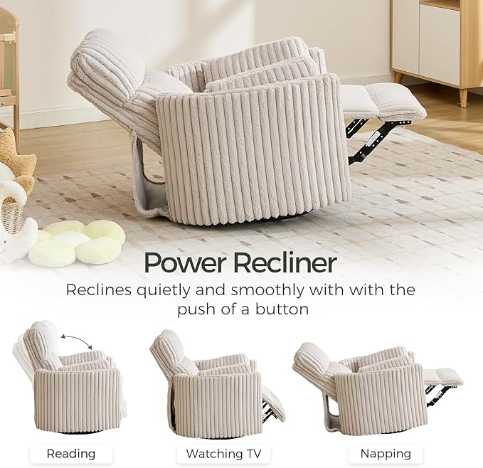 Power Swivel Glider Rocking Recliner Nursery Chair with 2 Pillows, Electric Rocker Reclining Chairs with Type-C & USB Charger Port for Living Room, High Back Barrel Armchair for Bedroom,Corduroy,Beige
