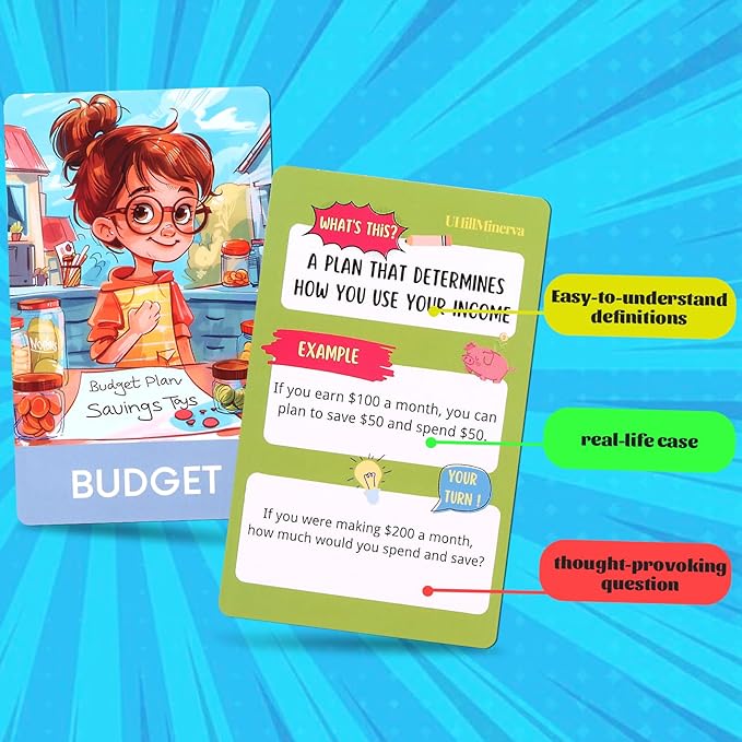 Financial Literacy Flash Cards - Great for Teaching Kids Through Middle School - 54 Educational Money & Learning Resources - Teach Cashflow, Stock, Debit, Saving & Budgeting