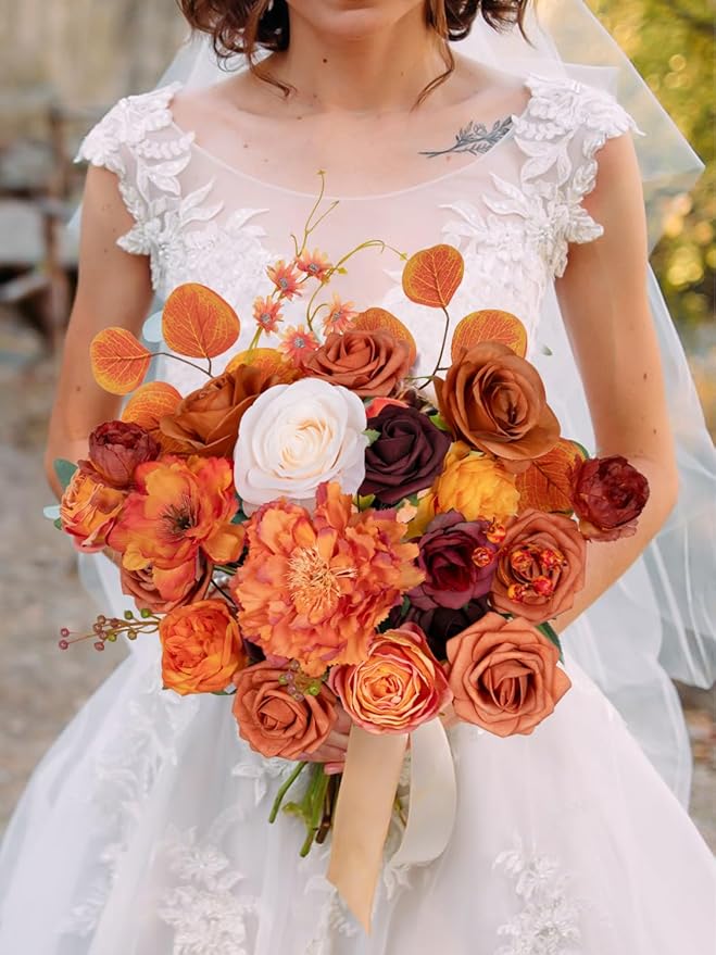 RICHMYC Artificial Flowers Orange Wedding Silk Flowers with Stems, Fall Flowers Artificial for Decoration Fake Cake Flowers for Wedding Bouquets Centerpieces Baby Shower Fall Decor