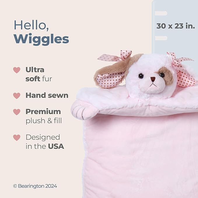 Bearington Baby Wiggles Tummy Time Mat, 30 x 23 Inch Pink Puppy Dog Plush Stuffed Animal Baby Mat Blanket - Puppy Blanket