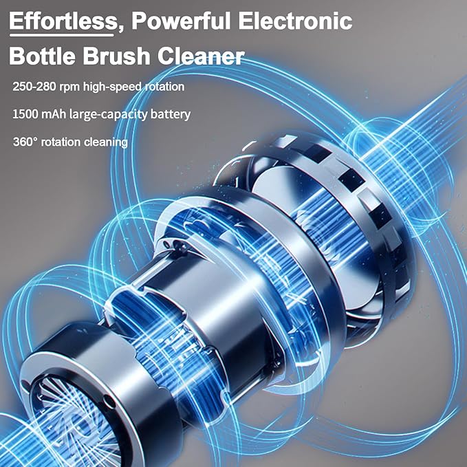 Electric Bottle Brush Set, 360°Automatic Bottle Brush Cleaner with 3 Sizes Replaceable Silicone Bottle Brush and Extension Handle for Long Bottles，Straw Cleaner Brush,IPX65& Rechargeable(Grey)