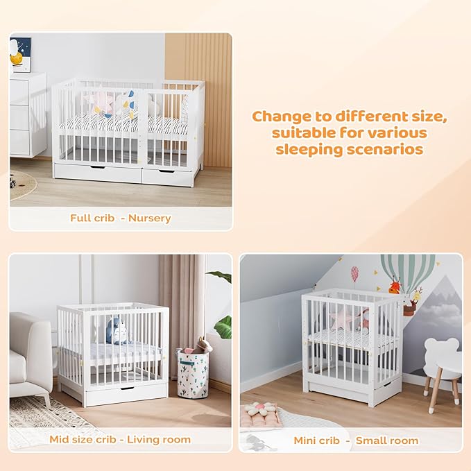 JOYMOR 8 in 1 Convertible Crib with Changer, Include 2” Mattress, Converts to Bassinet, Mid Crib, Full Size Crib, Daybed,Toddler Bed and Playard (Crib with Drawer, White)