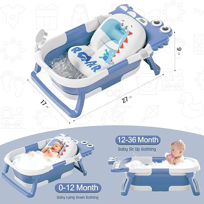 TPN Collapsible Baby Bathtub, Baby Bath Tub with Soft Cushion & Real-Time Thermometer, Baby Bathtub Infant to Toddler Tub (0-36 Months), Portable Newborn Travel Bath tub