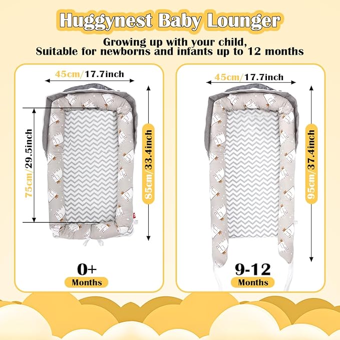 Baby Lounger for Newborn, Huggynest Portable Infant Lounger for 0-12 Months Newborn, Home Travel Dual-Purpose Baby Nest (Elephant Grey)