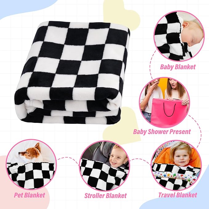 Plush Checkered Baby Blanket for Boys Girls Nursery, 30"*40" Warm Short Fleece Blanket Neutral for Infant Newborn, Small Fuzzy for Sleeping, Chenille Baby for Stroller (Black&White)