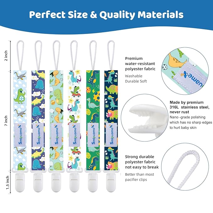 Smlpuame Baby Pacifier Clip for Boys Girl,6 Pack Stylish Binky Clips Strap,Paci Holder with Clips Universal Lightweight Fits Most Pacifiers Teeher Toy Teething Ring Soothie,Baby Gifts(Dinosaur-2)