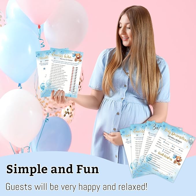 HOMANGA Baby Shower Games for Boy Girl, 4 Fun Games for 25 Guests, Who Knows Mommy Best, Guess Who Mommy or Daddy, Word Scramble, Baby's Descriptions & Well Wishes, Blue Bear Baby Showers Decorations