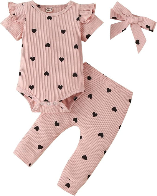 Fullfamous Baby Girl's 3pc Rib Frill Long Sleeve Romper and Pant Set