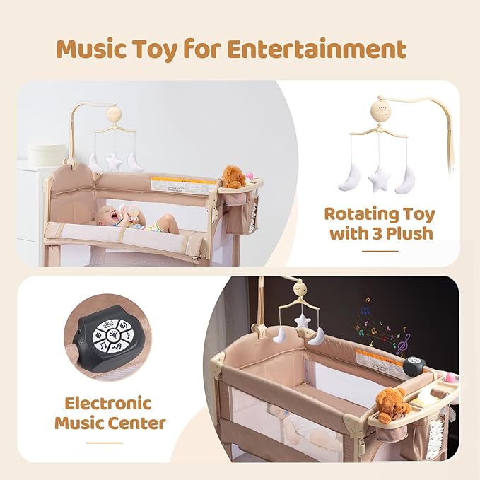 JOYMOR 9 in 1 Bedside Bassinet with Changing Table, Pack and Play with Bassinet, Convert to Rocking Baby Bed with Electric Music Center, Mosquito Net, Toy, Storage, Beige