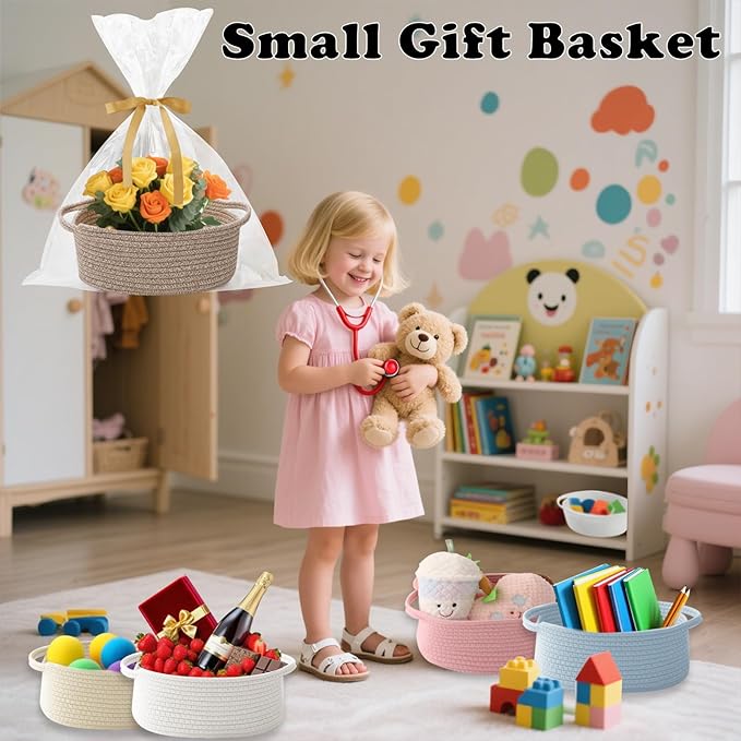Gift Basket with Gift Bag and Ribbons,Small Rope Woven Shelf Storage,Baskets for Gifts Empty,Birthday,Shower,Decorative Organizer Box for Cat Dog Pet with Handles(Mixed Brown)