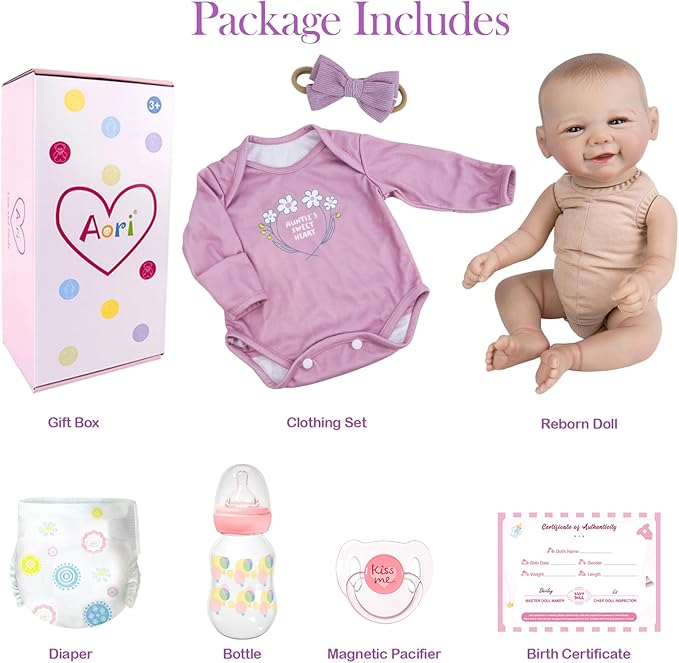 Aori Lifelike Reborn Baby Dolls - 20 Inch Realistic Smiling Girl Newborn Baby Doll with Weighted Body for Cuddling Poseable Soft Vinyl Limbs with Purple Outfit Set for Kids 3+ Role Play
