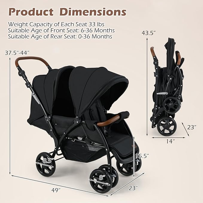 INFANS Double Stroller, Foldable Baby Tandem Stroller with Djustable Backrest Canopy Footrest, 5-Point Harness, Storage Basket, Convertible Compact Twin Stroller for Infants and Toddlers