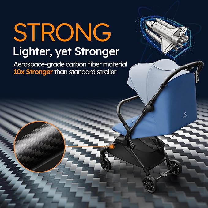 Lightweight Baby Strollers for Airplane, Ultra-Compact Travel Stroller, Light & Strong Portable Toddler Stroller with Carbon Fiber Frame and UPF 50+ Waterproof Canopy, Only 9.9 lbs, Blue