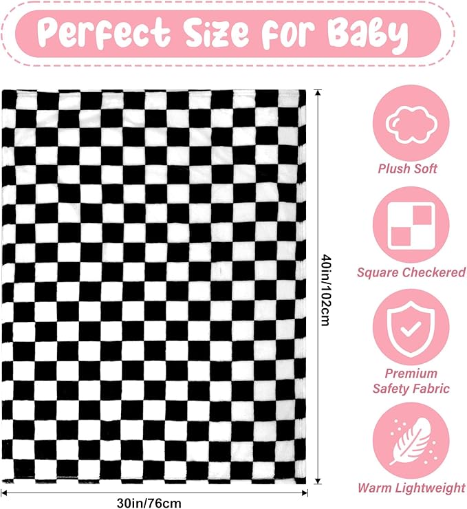 Plush Checkered Baby Blanket for Boys Girls Nursery, 30"*40" Warm Short Fleece Blanket Neutral for Infant Newborn, Small Fuzzy for Sleeping, Chenille Baby for Stroller (Black&White)