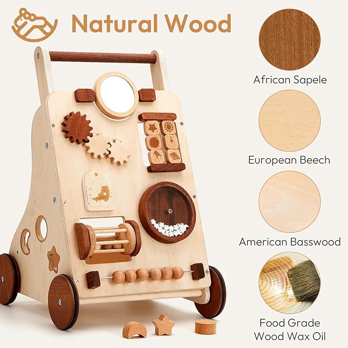 Wooden Baby Walker, Montessori Push Walker, Baby Activity Center Walker Toy, Natural Wood Sit to Stand Walker for Baby Learning to Walk, Educational Birthday for Toddler Boy Girl 1+
