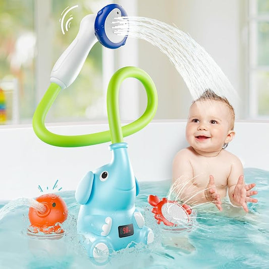 Baby Bath Shower Head with Water Thermometer, 3-in-1 Rechargeable Bath Toys, 3 Exchangable Shower Heads and Soft Silicone Baby Brush, for Newborns, Toddlers in The Tub or Sink-Sensing V3