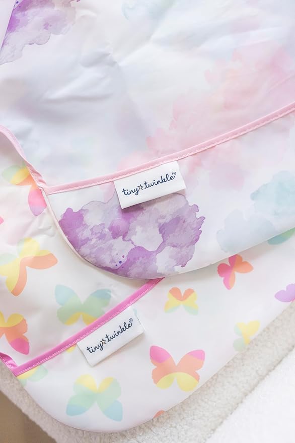 Tiny Twinkle Mess Proof Baby Bib,Waterproof Smock Baby Bib for Eating,Machine Washable Long Sleeve Bib,Baby Led Weaning,Toddler Bib (Cotton Candy, Small 6-24 Months)
