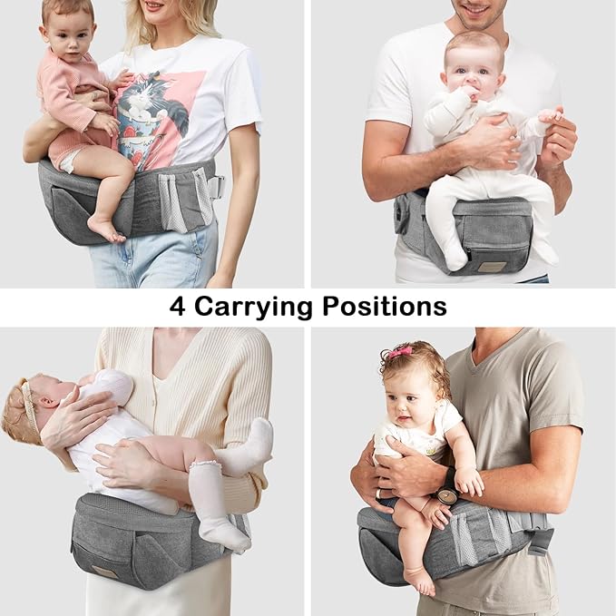 Baby Hip Seat Carrier, Adjustable Waistband with 3D Abdominal Support & Various Pockets Ergonomic Carrier for Newborns to Toddlers up to 33 lbs Medium Light Grey