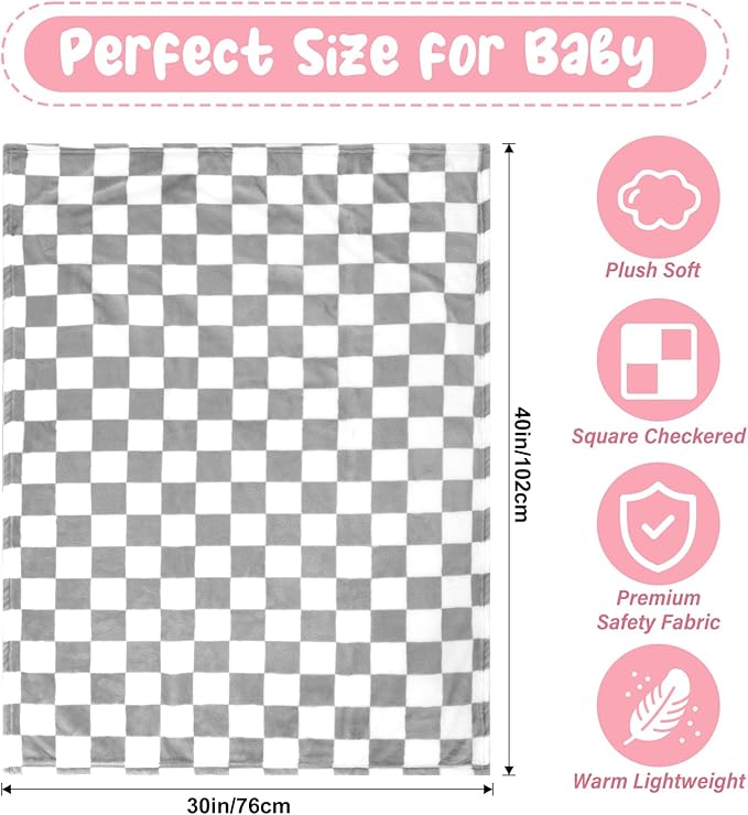 Plush Checkered Baby Blanket for Boys Girls Nursery, 30"*40" Warm Short Fleece Blanket Neutral for Infant Newborn, Small Fuzzy for Sleeping, Chenille or Stroller (Gray&White)
