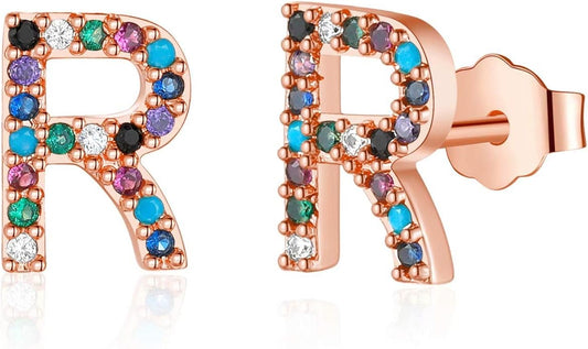 Memorjew Initial Stud Earrings for Women, Hypoallergenic 925 Sterling Silver Post Rainbow Cubic Zirconia Gold Plated 26 Initial Earrings for Women Jewelry Gifts