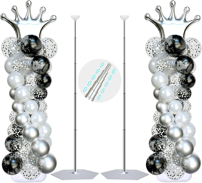 SINBEE Balloon Arch Stand, Balloon Arch Kit of 2, 7 Feet Height Adjustable Metal Balloon Column Stand for Party Decorations Wedding Birthday, Graduation Party Decoration, Baby Shower, Silver
