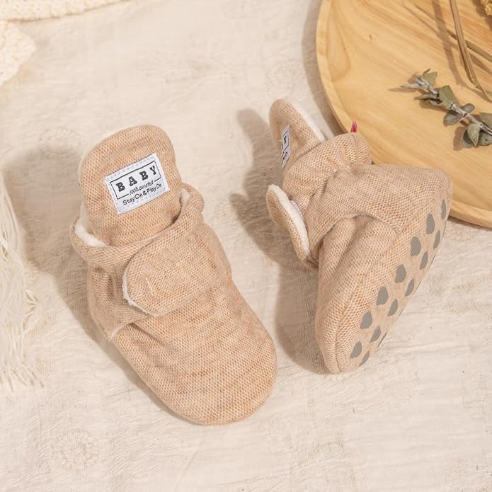 Sawimlgy Newborn Infant Baby Girl Boy Cotton Booties Stay On Sock Slippers Soft Bedroom Shoes Non-Skid Ankle Boots With Grippers Toddler Crib Warm Shoe First Walker Birthday Shower