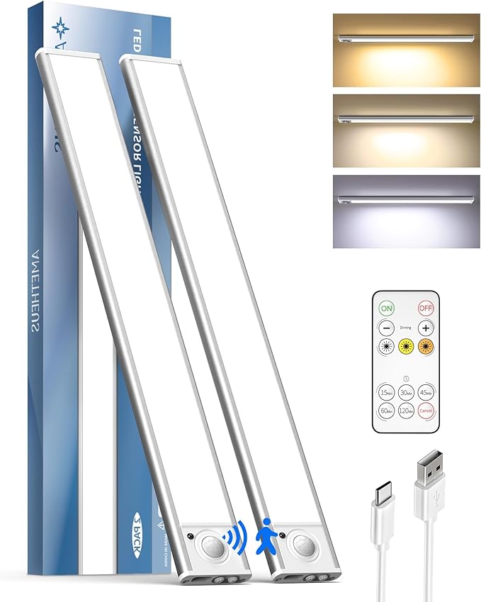 Under Cabinet Lighting,LED Rechargeable Motion Sensor Light Indoor Battery Operated,3 Color Temps&Dimmable Closet Lights with Remote,Wireless Under Counter Lights for Kitchen Stairs (2 Pack)