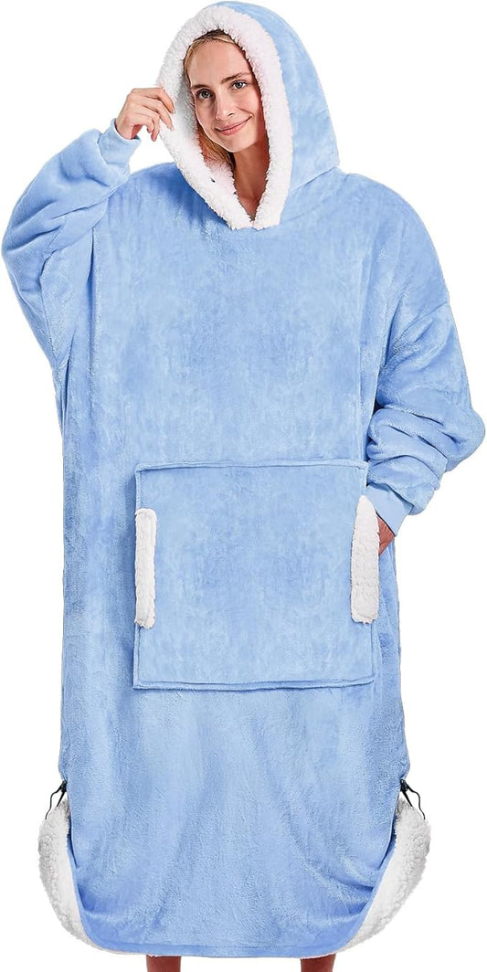yescool Wearable Blanket Hoodie - birthday gifts for Adults/Women/mom, Flannel Cozy Sherpa Fleece Blanket Sweatshirt with Hood, Pocket & Sleeves, Large, One Size Fits All (Celeste)