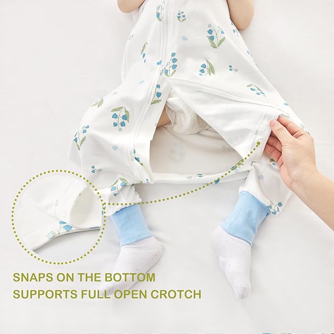2 Pack Super Soft 0.5 TOG Sleep Sack with Legs, 100% Organic Cotton Side Open Toddler Sleep Sack with Feet, Bear & Bluebell, Size M