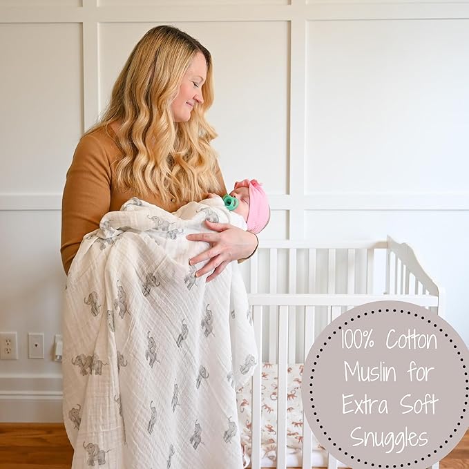 LollyBanks Muslin Swaddle Blankets, Large 47 x 47 Inches Baby Blanket for Boys and Girls, 100% Cotton Baby Swaddle Blanket, Newborn Receiving Blanket for Swaddling, Registry (Baby Elephant Print)