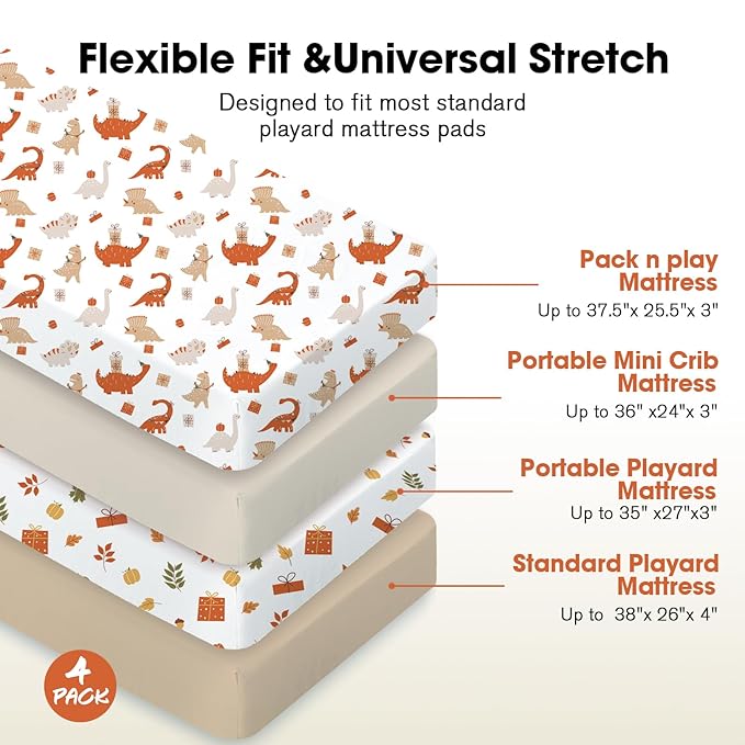 Bimocosy Mini Crib Sheets,Pack and Play Sheets for Baby Girl Boy 4 Pack,Size 38"x 26" for Playard Mattress,Portable Mini Crib,Soft Pack N Play Sheets Fitted, Dinosaur/Leaves/Khaki/Ivory