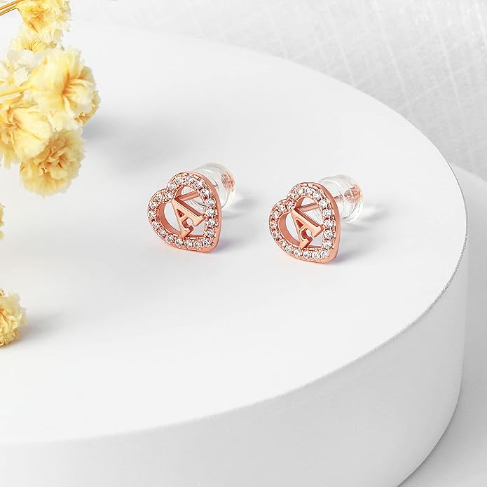 Initial Heart Earrings for Girls, Sterling Silver Post Silver/Rose Gold Heart Initial Stud Earrings for Little Girls Kids Baby Earrings Non Tarnish Hypoallergenic Earrings for Teen Girls Gifts Jewelry