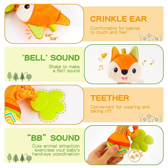Baby rattles 0-6 months, Set of 2 rattles for babies 0-6 months, Soft Stuffed Animal Rattle Hand Grip Baby Toys, baby rattle Shaker Crinkle Squeaky Sensory Travel Accessories for 0 3 6 9 12 Months old