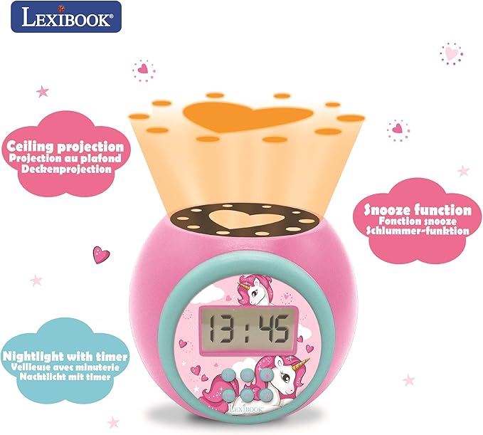 LEXiBOOK Projector Clock Unicorn with Snooze Alarm Function, Night Light with Timer, LCD Screen, Battery Operated, Pink, RL977UNI