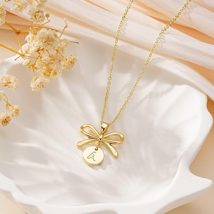 IEFLIFE Flower Girl Gifts - 14K Gold Plated Disc Initial Flower Girl Proposal Necklace Gifts for Girls from Bride, Bow Necklace Gift for Girls on Wedding Bridal Shower Party Jewelry