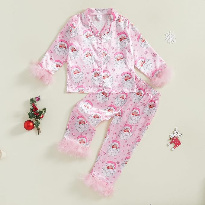 Toddler Kids Baby Girl Solid Pjs Ruffle Long Sleeve Button Shirt Top and Pants Cotton 2Piece Pajamas Set