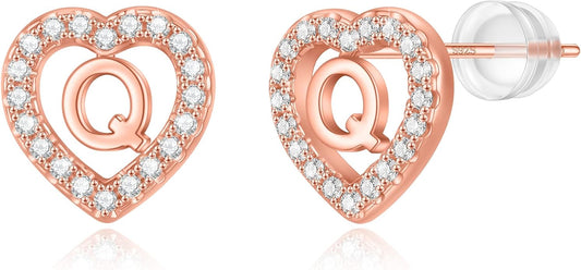 Initial Heart Earrings for Girls, Sterling Silver Post Silver/Rose Gold Heart Initial Stud Earrings for Little Girls Kids Baby Earrings Non Tarnish Hypoallergenic Earrings for Teen Girls Gifts Jewelry