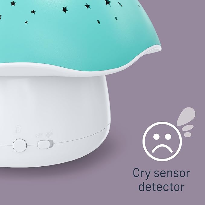 Angelcare Celeste Musical Mushroom Night Light Baby Projector - Sleep Soother with Adjustable Volume Lullabies, White Noises, 3 Night Light Colors, and Cry Sensor Detector