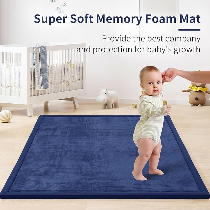 ACOMOPACK Baby Play Mat for Floor 1.3" Thick Memory Foam Play Mat 59"×71" Tummy Time Crawling with Non-Slip Bottom for Living Room,Nursery,Soft Velvet Playpen Mats for Kids,Infants（Royal Blue）