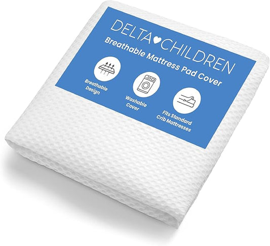 Delta Children Breathable Crib Mattress Pad Cover - Make Every Crib Mattress Breathable, Elastic Edges for Secure, Universal Fit - Machine Washable - 1 Pack, White