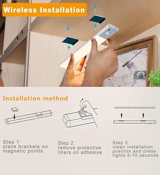 Diomart 3 Pack Under Cabinet Lights Wireless, 64 LEDs Dimmable Motion Sensor Closet Lights with Remote, Rechargeable Under Counter Lights for Kitchen, Wardrobe, Hallway, Stairs, 3 Color Temperatures