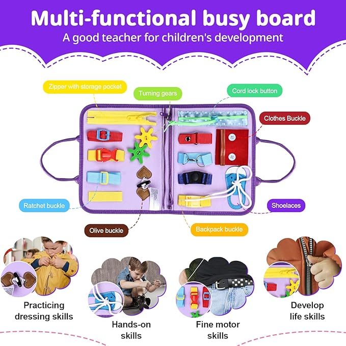 Busy Board Montessori Toys for Toddlers 1-3, Birthday Gifts for 1 2 3 4 Year Old Girl, Autism Sensory Travel Toy, Educational Activity Book Board for Learning Fine Motor Skills Toys, Purple