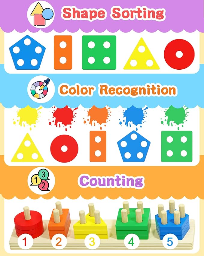 Montessori Toys for 1 2 3 Year Old Boy Girl, Toys for Ages 2-4 Toddlers Kids Baby, 1 2 Year Old Birthday Gifts, Wooden Learning Puzzles Shape Sorter Toy for Toddlers 1-3