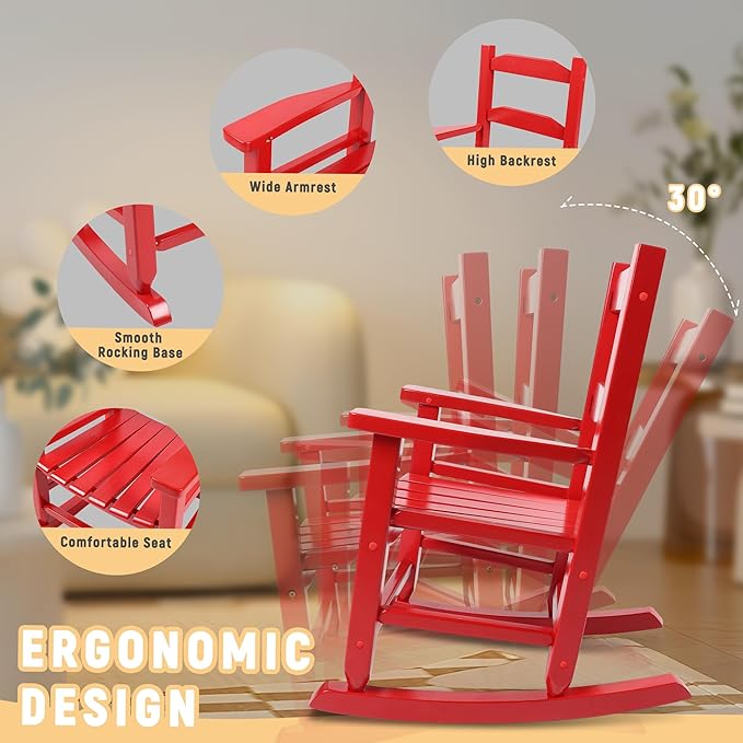 Toddler Rocking Chair Set of 2 for Kids Comfy Recliner Wooden Rocker for Baby Children Ages 3-6 Outdoor Lounge Chair Girls Indoor Playroom Red