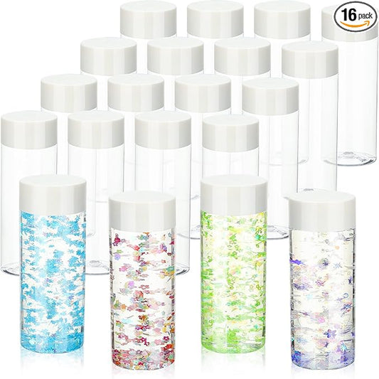 Hoolerry 16 Pcs Empty Plastic Sensory Bottles with Lids Round Clear Plastic Water Bottles Reusable Sensory Bottles for Sensory Crafts Classroom Handmade Party(White,10 oz)