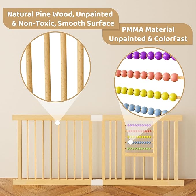 Baby Playpen with Gate, Wooden Playpen for Babies and Toddlers, Baby Play Yard with Colorful Acrylic Beads, Baby Fence Play Area with Suction Cups, Extra Large Play Pen Area Indoor(71 * 63 * 24Inch)